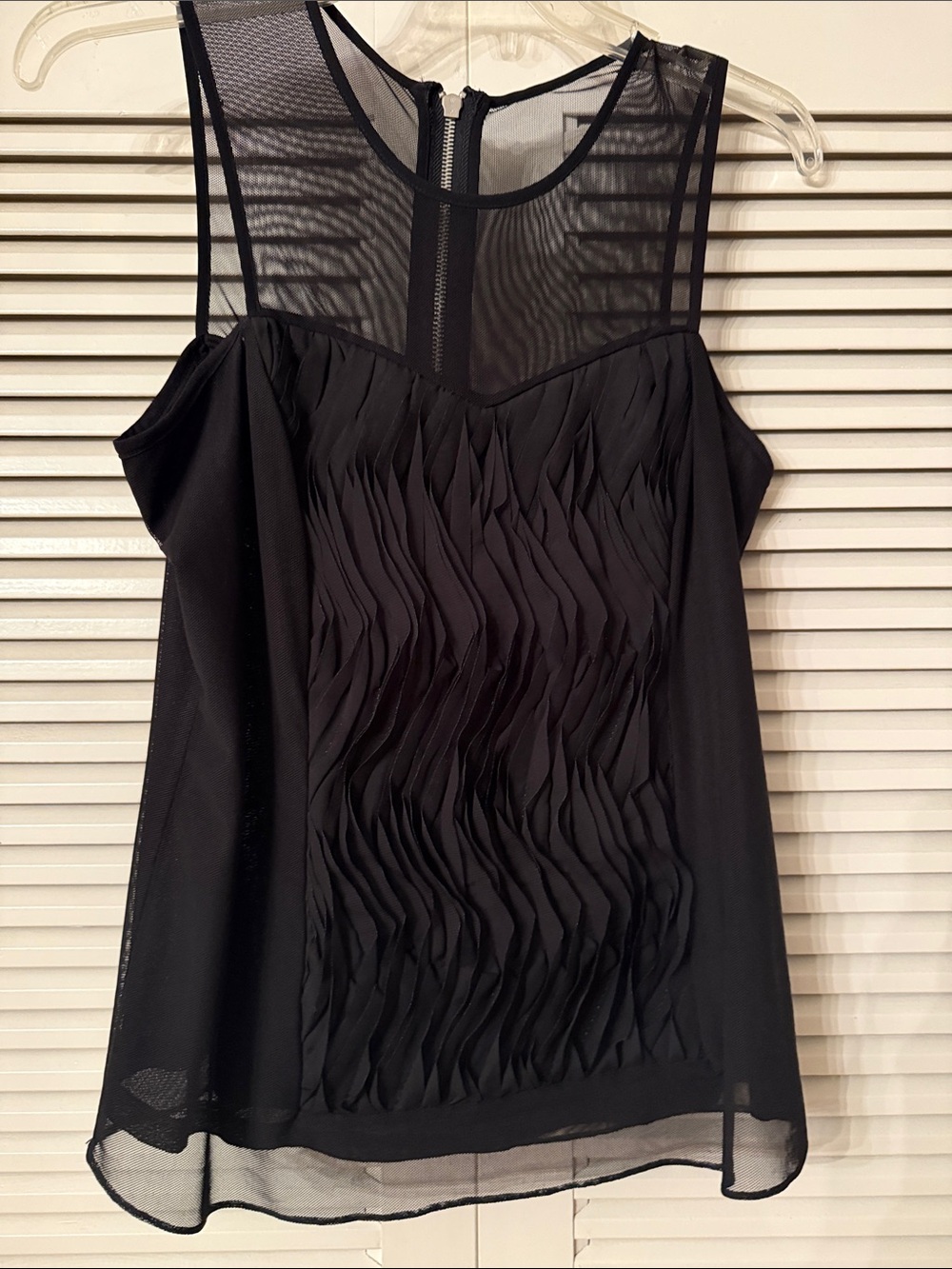 Cache Black Sheer Yoke Ruffle-Front Sleeveless Camisole